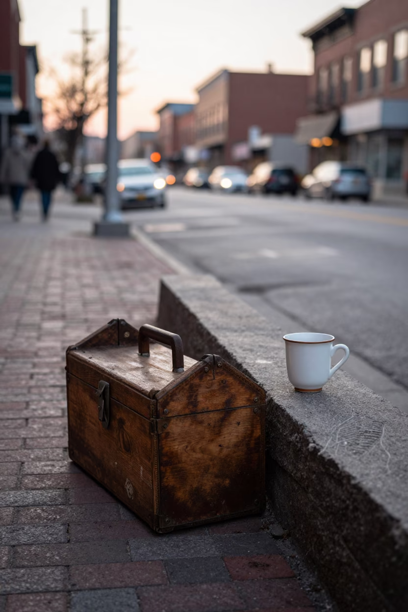 Vintage 1950s Toronto Street Scene with Toolbox and Ceramic Cup at Sunrise in in Toronto, Ontario, Canada