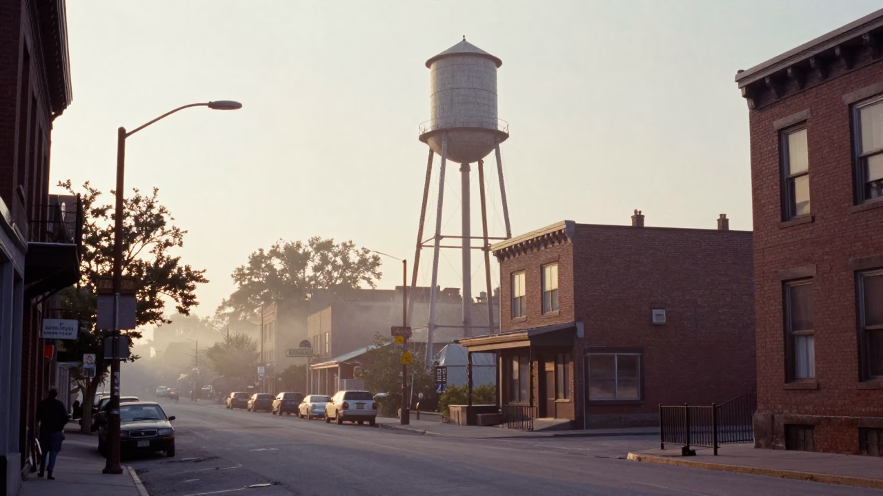 Vintage 1950s Toronto Street Scene with Water Tower and Morning Mist in in Toronto, Ontario, Canada