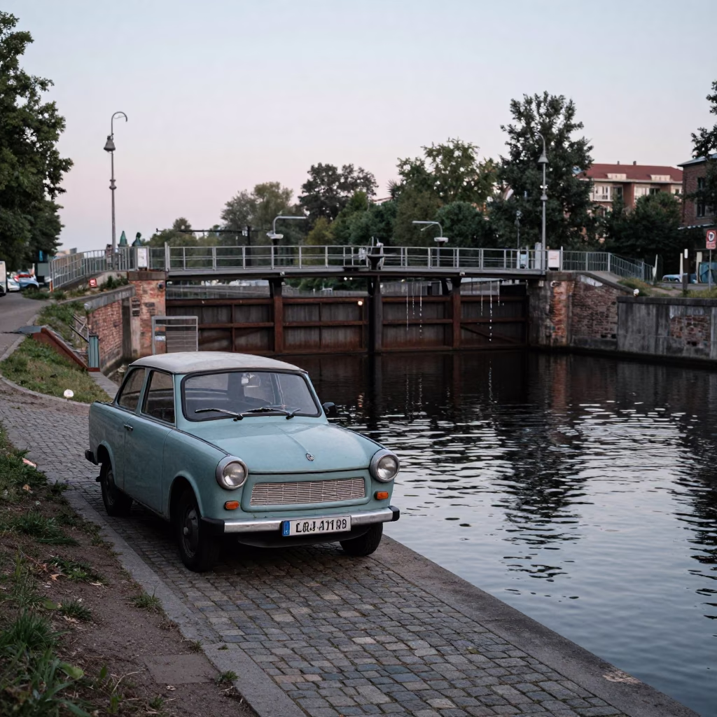 Vintage 1950s Trabant parked near Berlin canal at pre-dawn with brushed steel sill in in Berlin, Germany