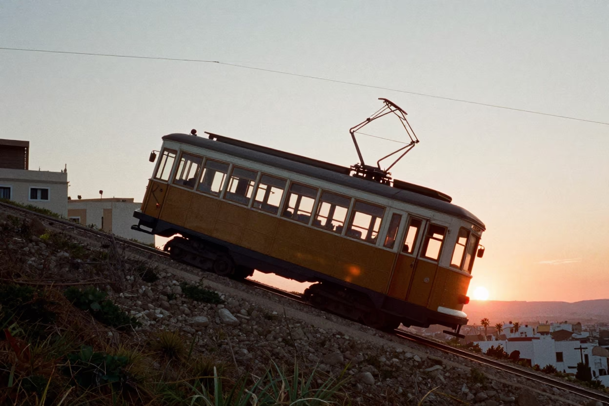 Vintage 1950s Tram Climbing Steep Tunisian Hill at Sunset with Local Passengers in in Tunis, Tunisia