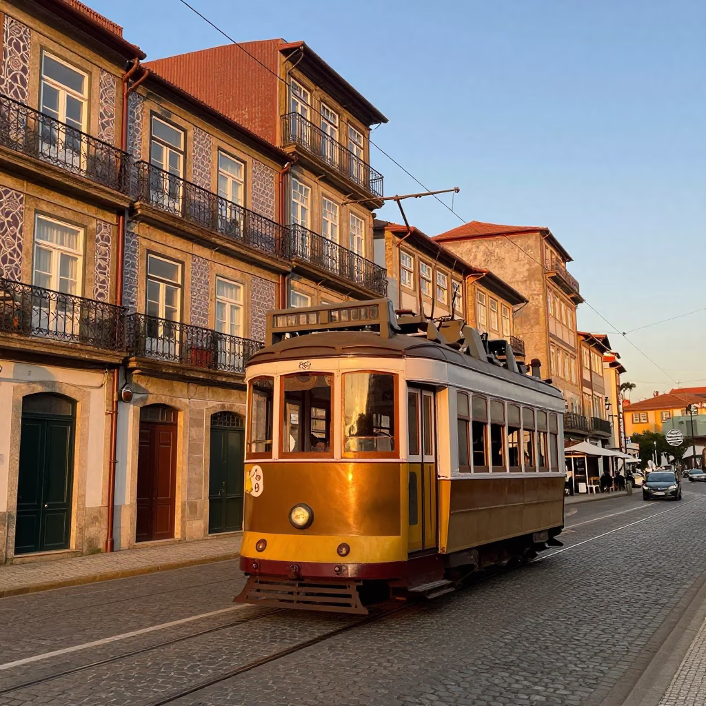 Vintage 1950s Tram Rattling Past Art Nouveau Facades in Honeyed Evening Light Porto Portugal in in Porto, Portugal