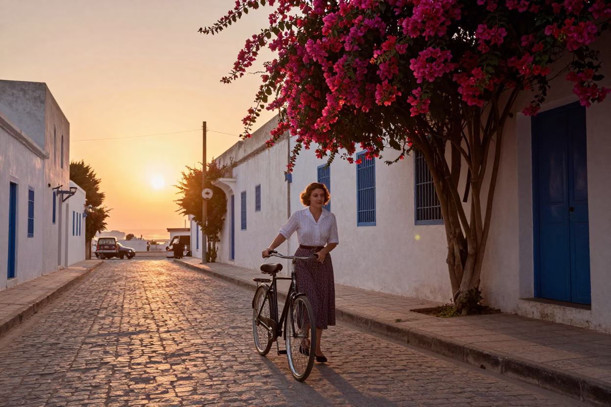 Vintage 1950s Tunis Street Scene with Bicycle and Bougainvillea at Sunset in in Tunis, Tunisia