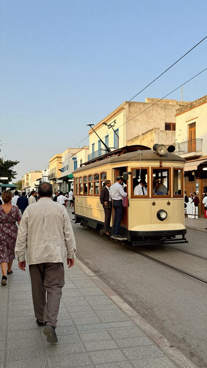 Vintage 1950s Tunis Street Scene with Heritage Tram and Cobblestone Avenue in in Tunis, Tunisia