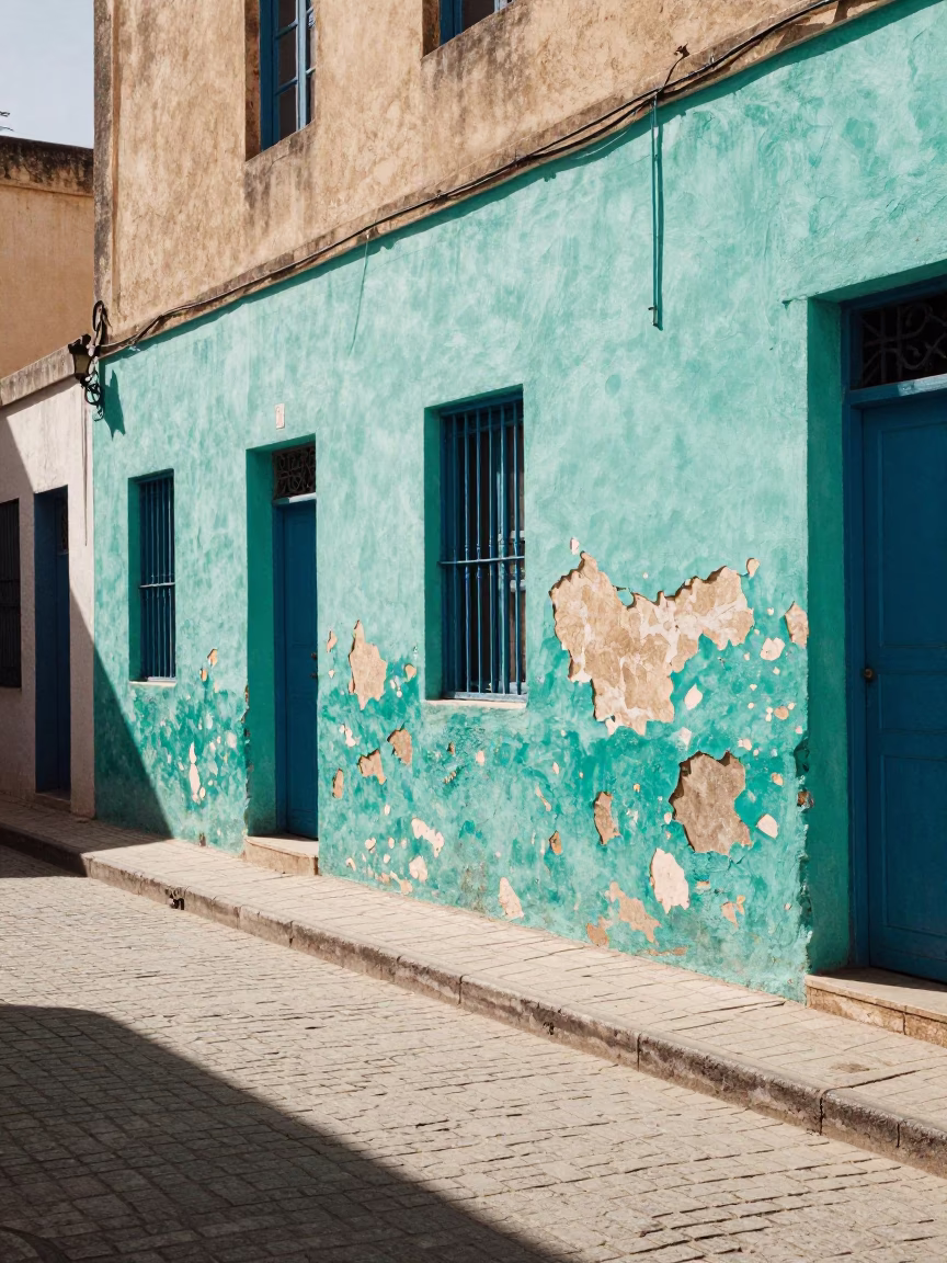 Vintage 1950s Tunis Street Scene with Peeling Turquoise Paint and Local Life in in Tunis, Tunisia