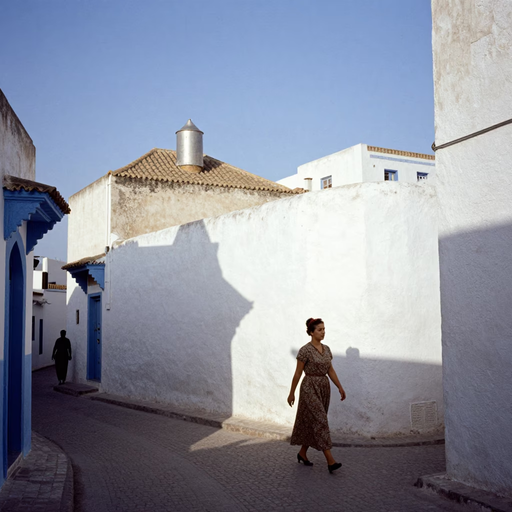 Vintage 1950s Tunisian Street Scene with Rooftop Water Tower and Clear Late Afternoon Light in in Tunis, Tunisia