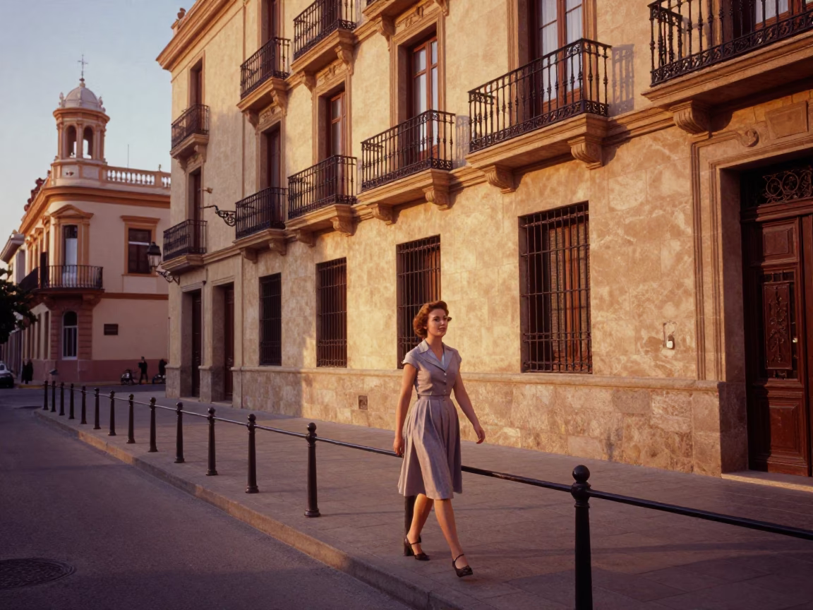 Vintage 1950s Valencia Spain Evening Street Scene with Peg Rail and Wall Hook Details in in Valencia, Spain
