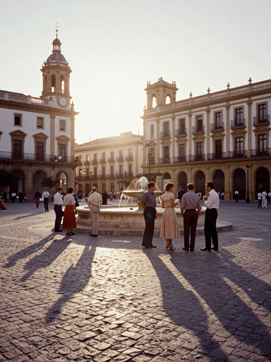 Vintage 1950s Valencia Street Scene with First Light Illuminating Busy Plaza in in Valencia, Spain