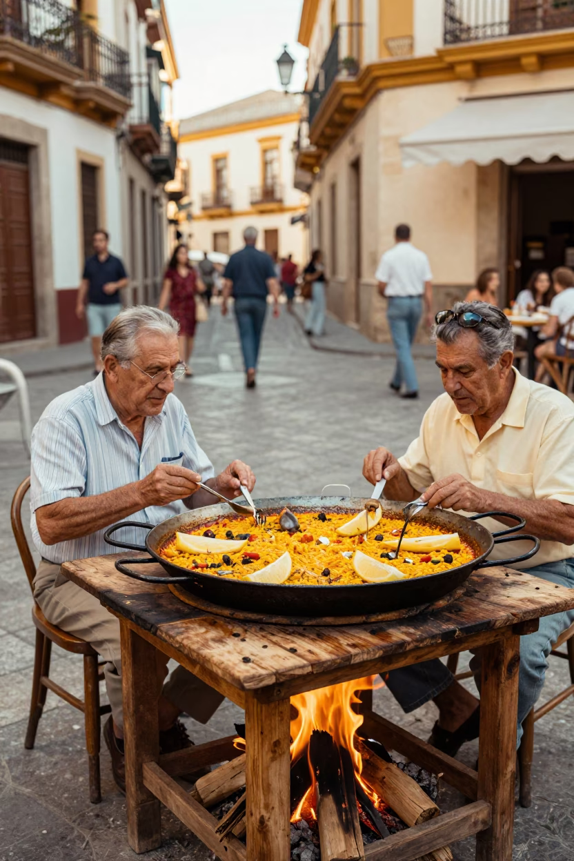Vintage 1950s Valencia Street Scene with Traditional Paella Pan and Seafood Lunch in in Valencia, Spain