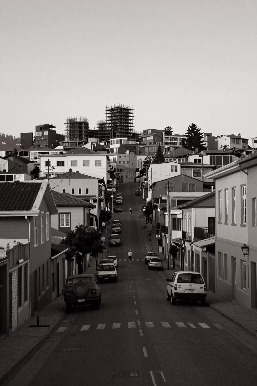Vintage 1950s Valparaiso Chile street scene before sunrise with construction elevator gate in in Valparaiso, Chile