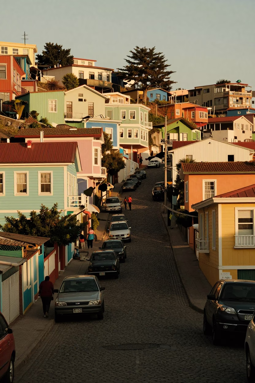 Vintage 1950s Valparaiso Chile Street Scene with Colorful Houses and Evening Light in in Valparaiso, Chile