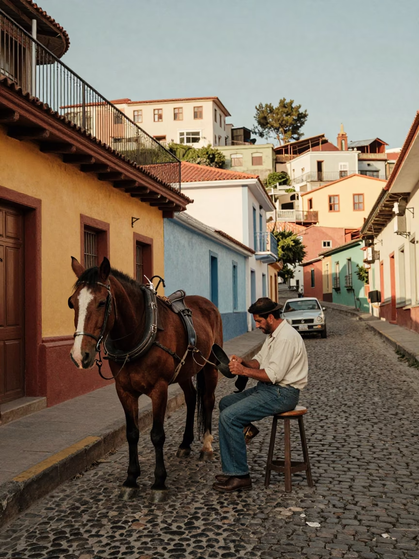 Vintage 1950s Valparaiso Chile Street Scene with Horse and Farrier in in Valparaiso, Chile