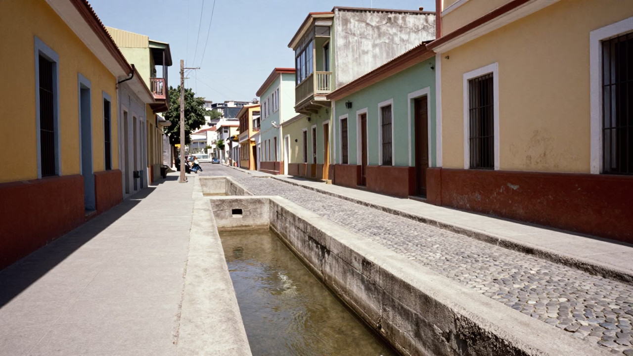 Vintage 1950s Valparaiso Street Scene with Concrete Cooling Canal and Reeds in in Valparaiso, Chile