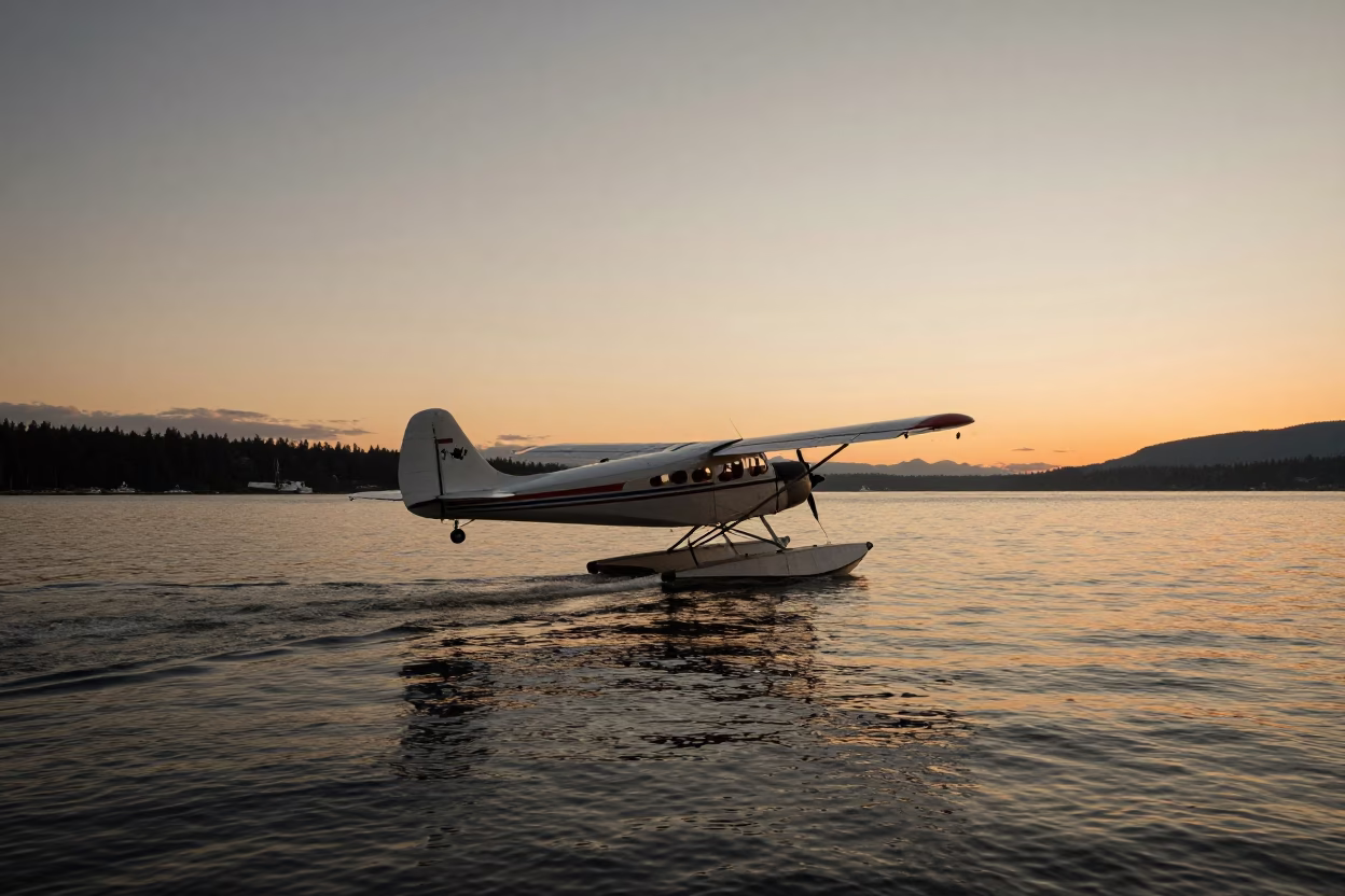 Vintage 1950s Vancouver Harbour Floatplane Landing in Honeyed Evening Light with Geometric Scaffold Joints in in Vancouver, British Columbia, Canada