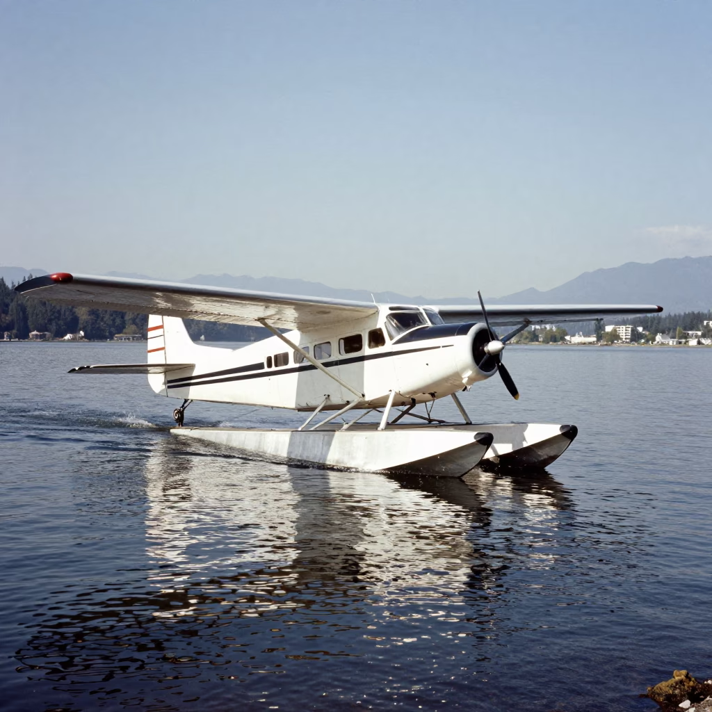 Vintage 1950s Vancouver Seaplane Landing on Burrard Inlet Under Bright Morning Sky in in Vancouver, British Columbia, Canada