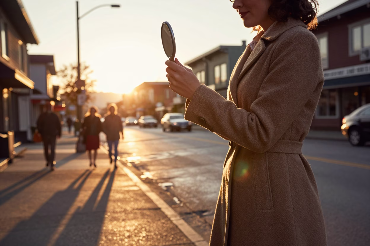 Vintage 1950s Vancouver Street Scene at Sunset with Hand Mirror Reflection in in Vancouver, British Columbia, Canada
