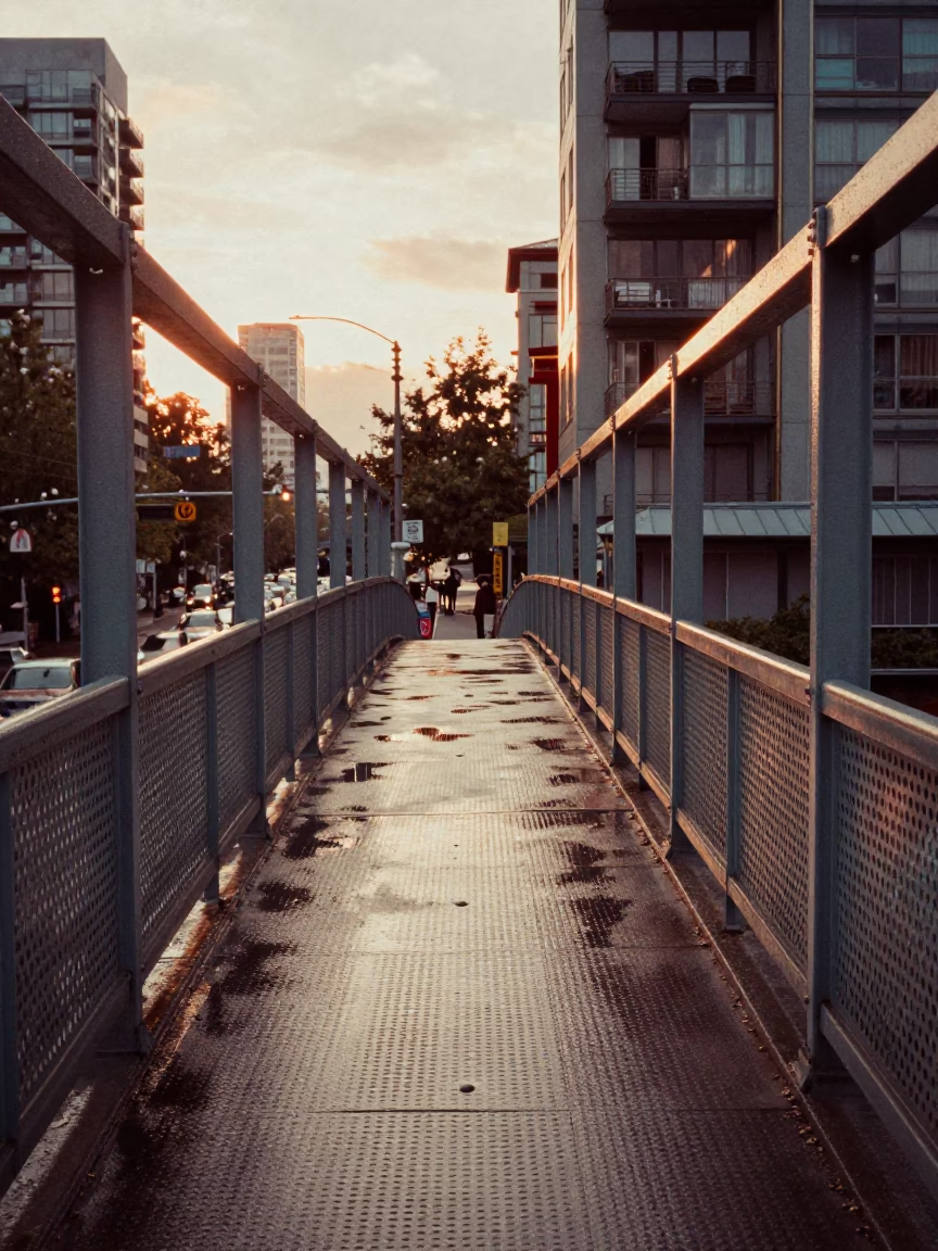 Vintage 1950s Vancouver Street Scene Golden Hour Pedestrian Overpass Perforated Metal in in Vancouver, British Columbia, Canada