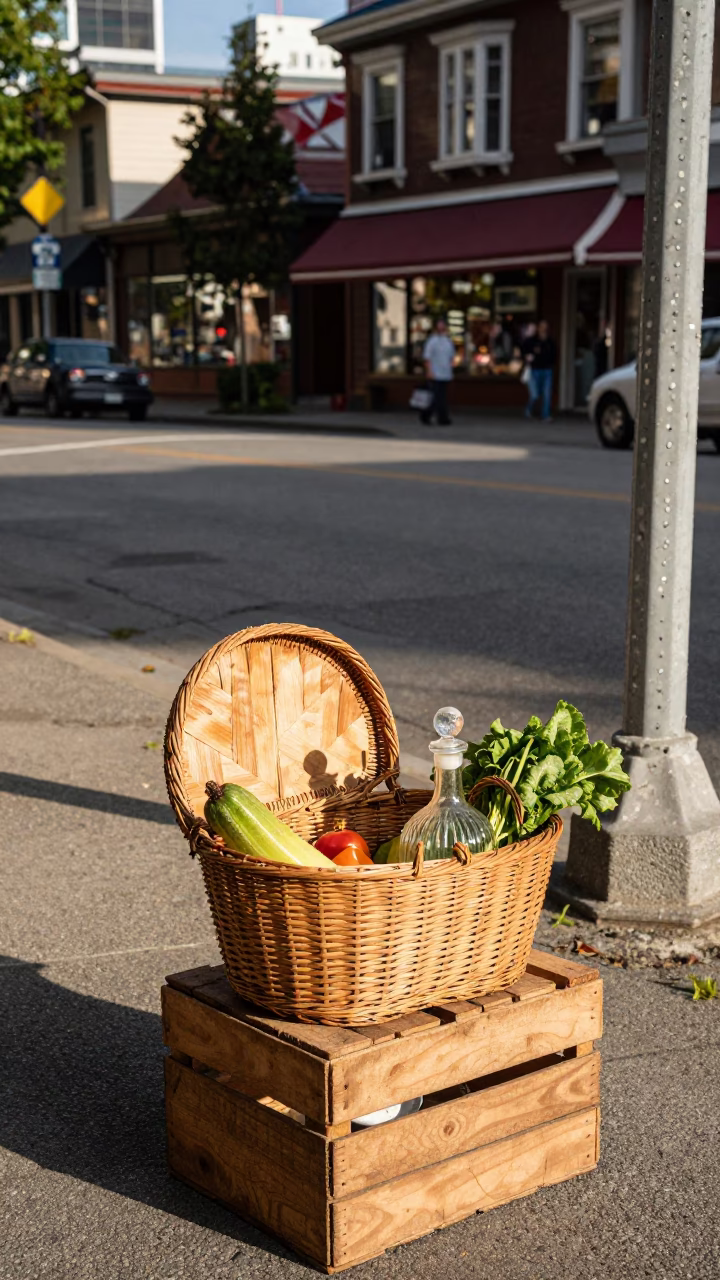 Vintage 1950s Vancouver Street Scene with Basket and Decanter in in Vancouver, British Columbia, Canada