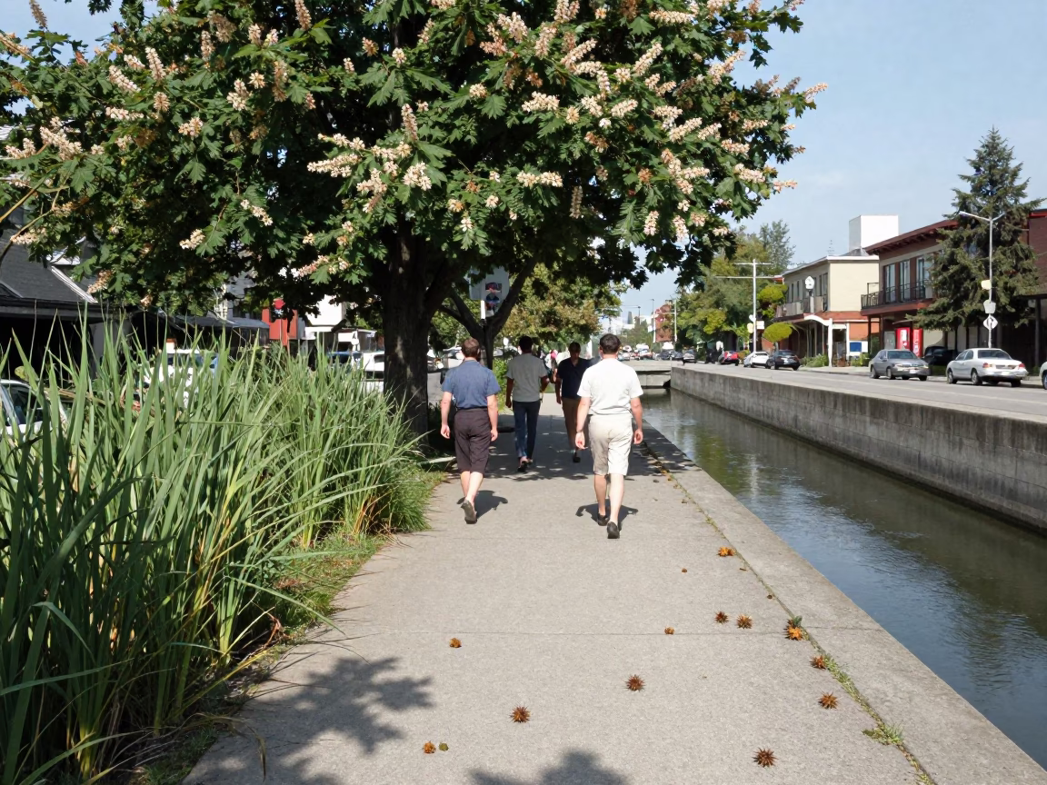 Vintage 1950s Vancouver Street Scene with Concrete Canal and Chestnut Tree at Midday in in Vancouver, British Columbia, Canada