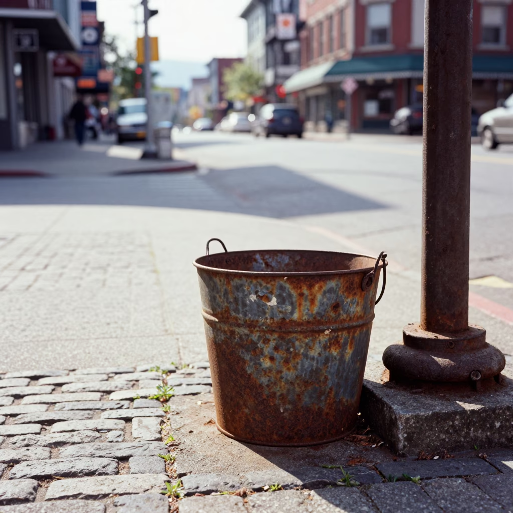 Vintage 1950s Vancouver Street Scene with Rusty Bucket and Shirt Hanger in in Vancouver, British Columbia, Canada