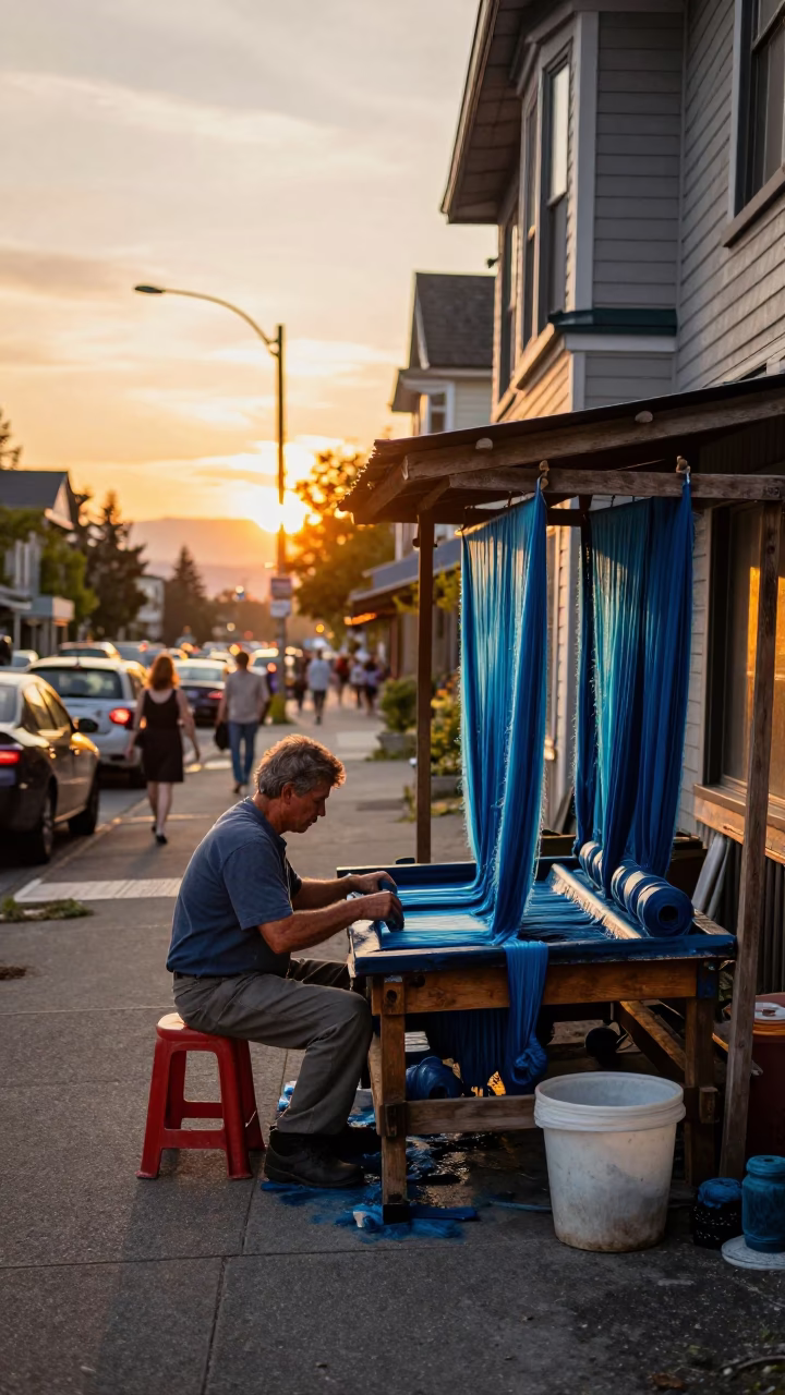 Vintage 1950s Vancouver Sunset Street Scene with Silk Dyeing Workshop Hanging Fabric in in Vancouver, British Columbia, Canada