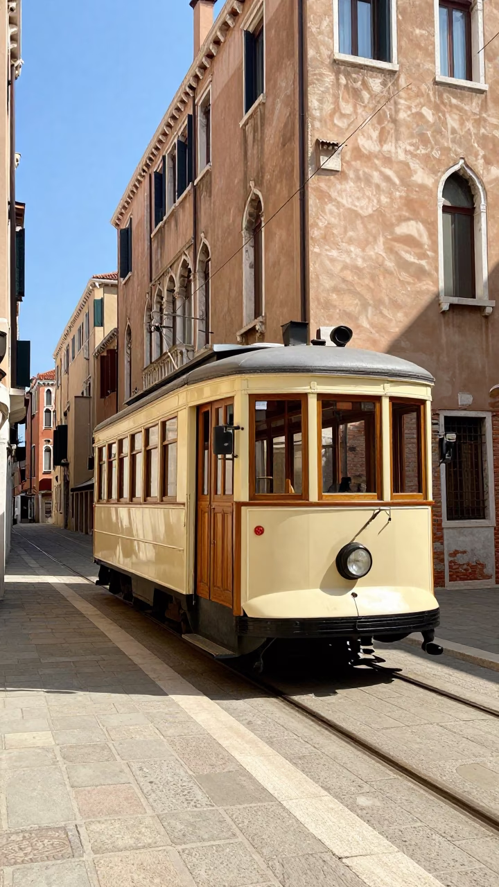 Vintage 1950s Venice Italy Heritage Tram on Cobblestone Street Midmorning Light in in Venice, Italy