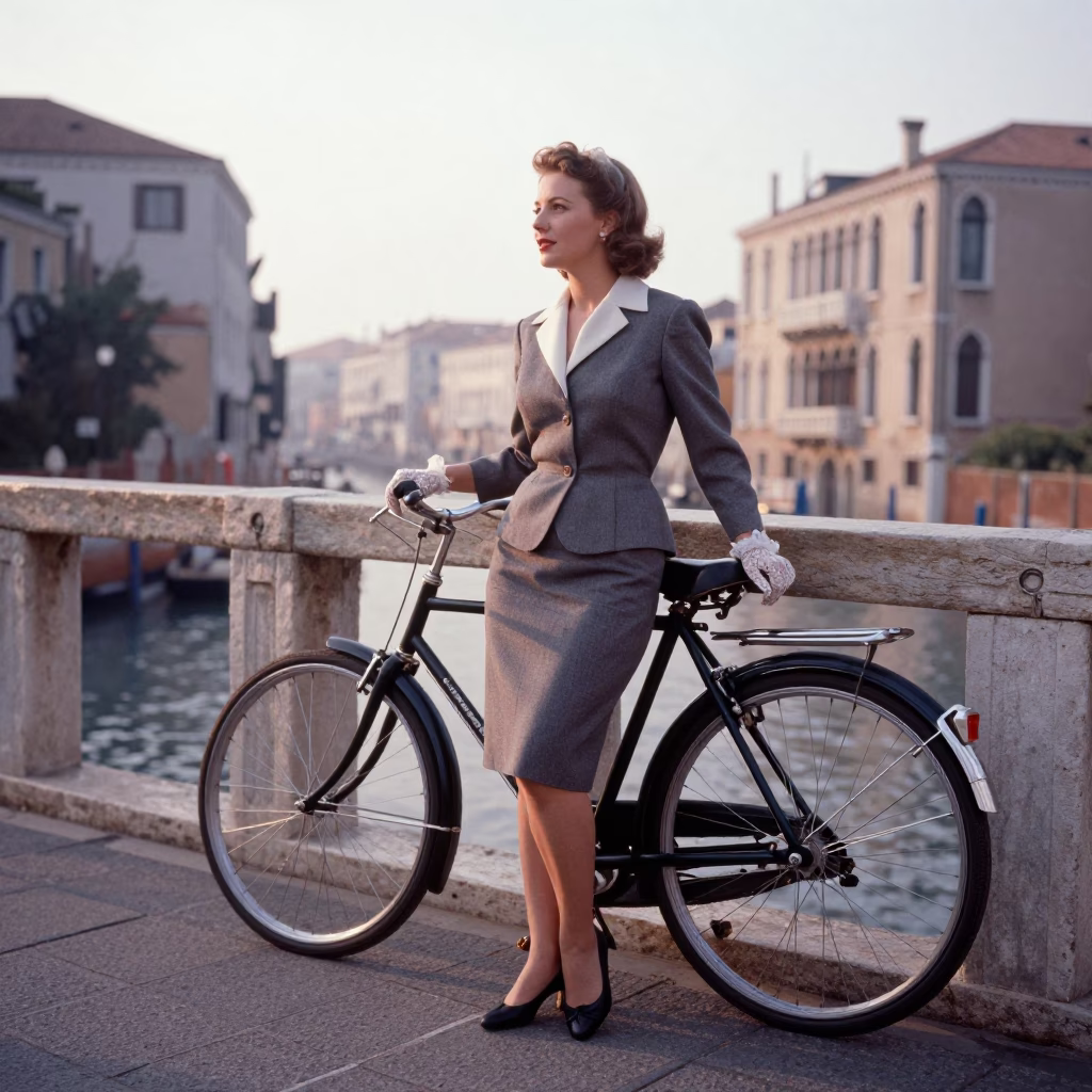 Vintage 1950s Venice Sunrise Fashion Portrait with Bicycle and Taper Candle in in Venice, Italy