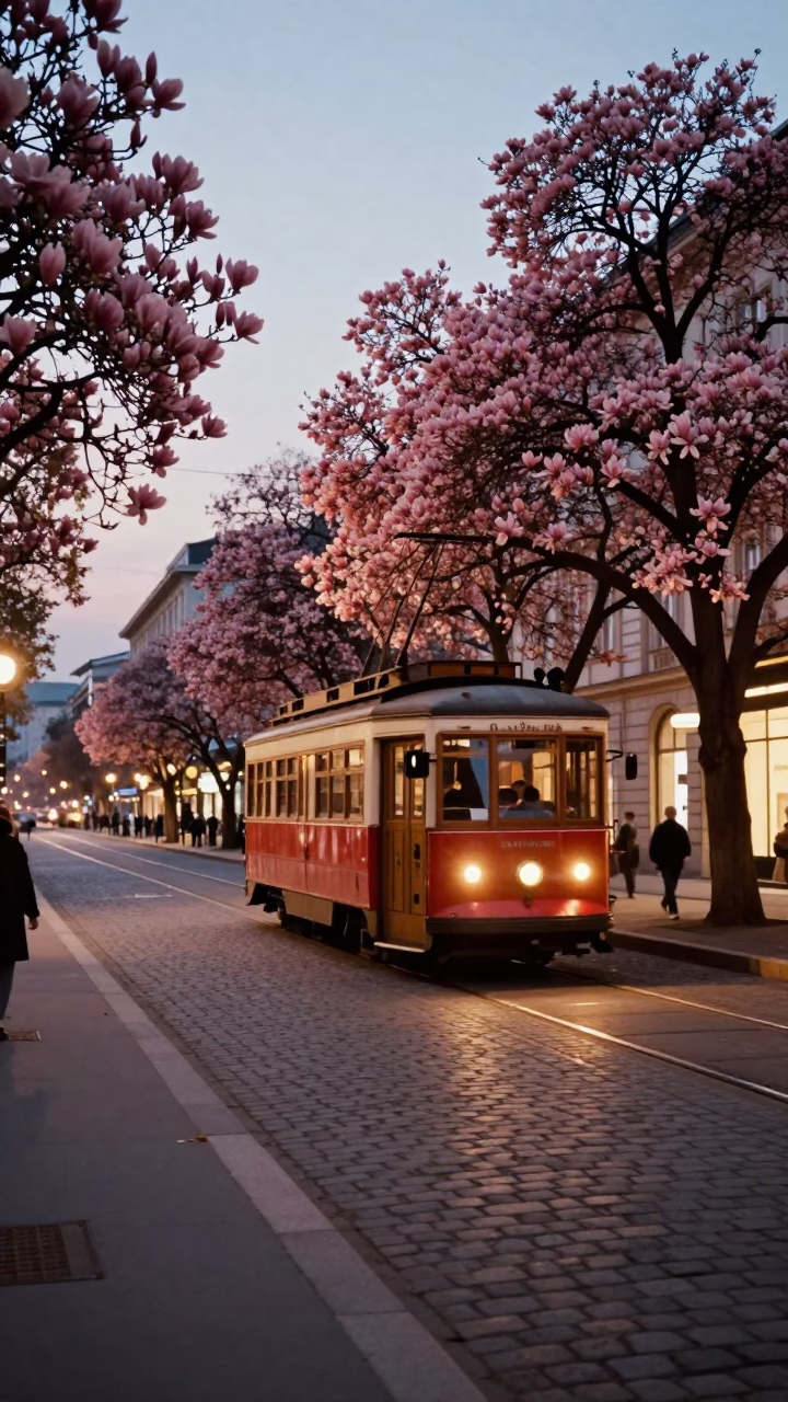 Vintage 1950s Vienna Evening Street Scene with Old Trolley and Magnolia Bloom in in Vienna, Austria
