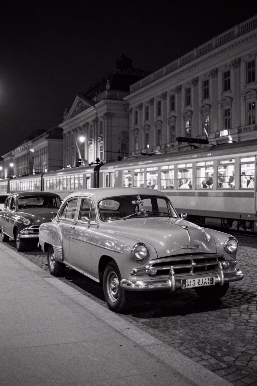 Vintage 1950s Vienna Night Street Scene with Classic Taxi and Cobblestone Architecture in in Vienna, Austria