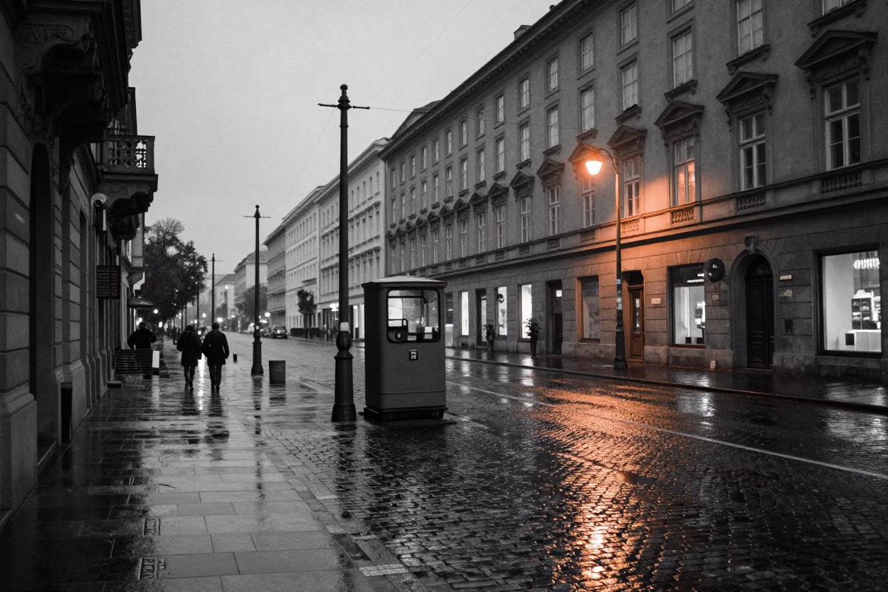 Vintage 1950s Vienna Night Street Scene with Substation and Rain Reflections in in Vienna, Austria