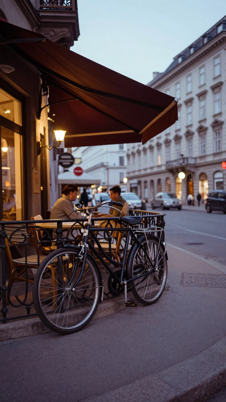 Vintage 1950s Vienna Street Scene Early Evening Bicycle Cafe and Cobalt Twilight in in Vienna, Austria