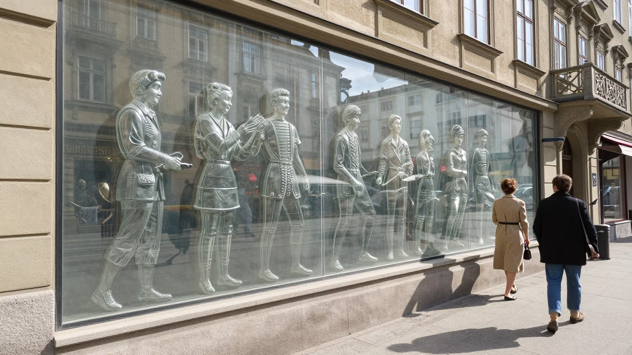 Vintage 1950s Vienna Street Scene with Clear Glass Plaster Wall and Classic Architecture in in Vienna, Austria