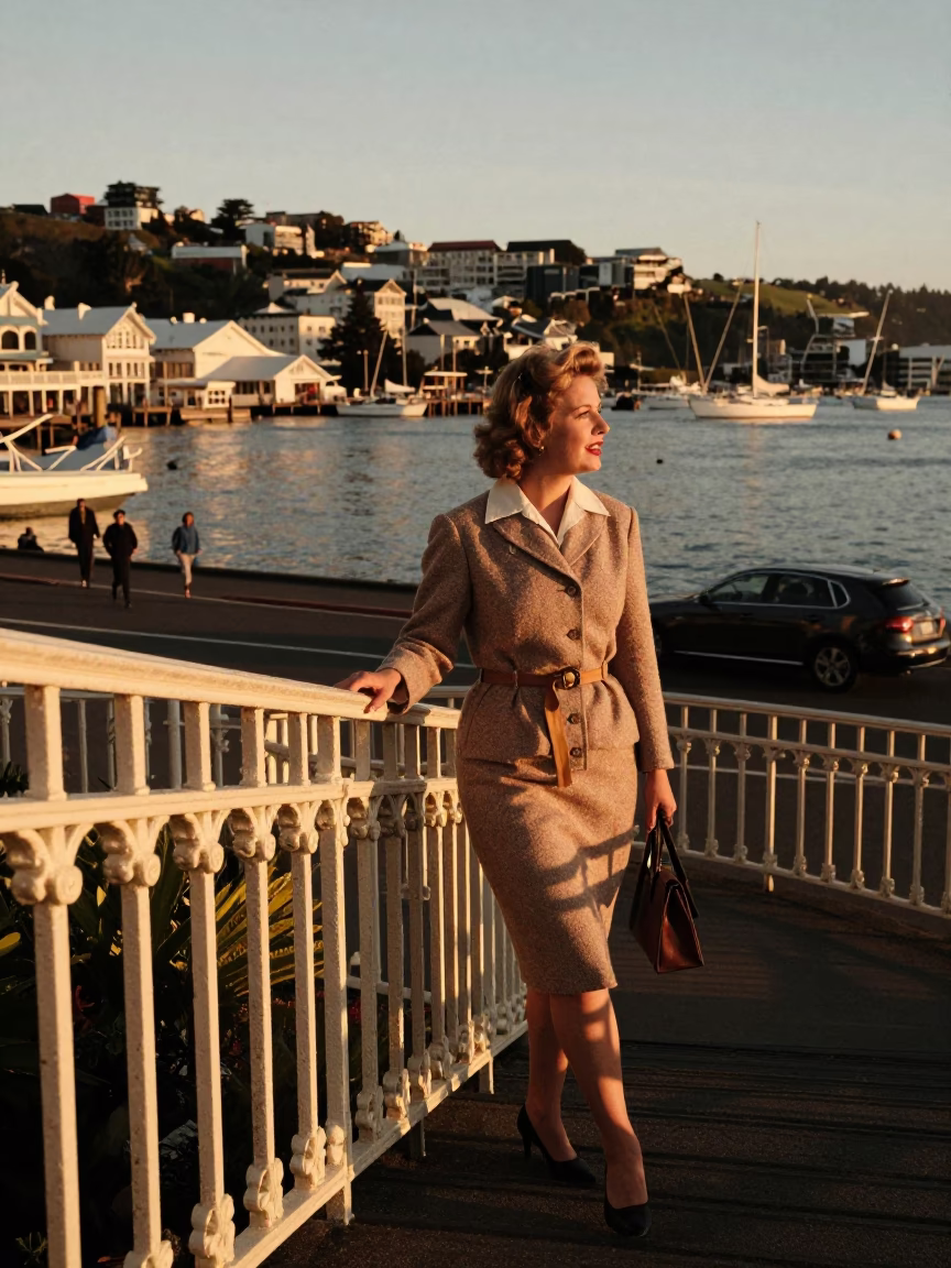 Vintage 1950s Wellington Evening Stair Rail View of Harbor and City Lights in in Wellington, New Zealand