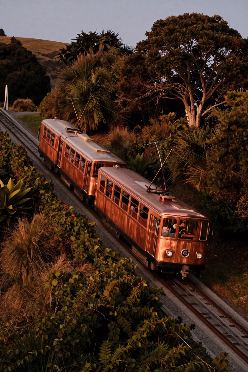 Vintage 1950s Wellington Funicular Ascending Hillside Amidst Copper Toned Autumn Light Before Dusk in in Wellington, New Zealand