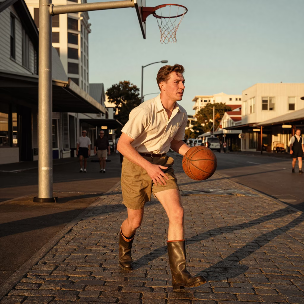 Vintage 1950s Wellington New Zealand Evening Street Scene with Leather Basketball and Sunlight in in Wellington, New Zealand