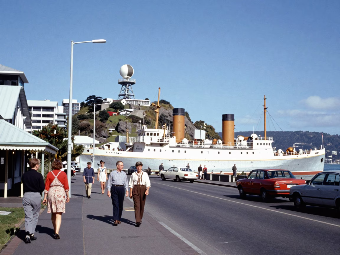 Vintage 1950s Wellington New Zealand Harbor Street Scene with Steamship and Weather Radar in in Wellington, New Zealand