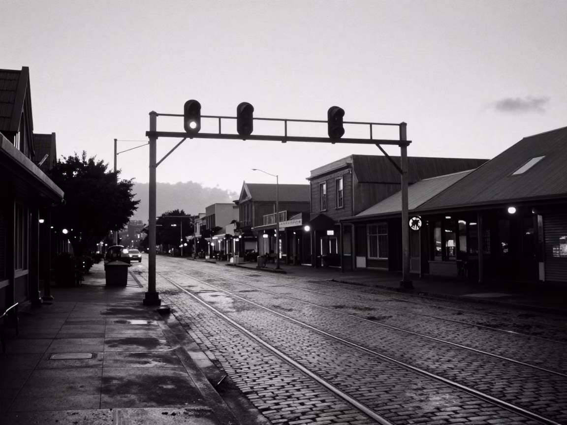 Vintage 1950s Wellington New Zealand Predawn Street Scene with Signal Gantry and Mist in in Wellington, New Zealand