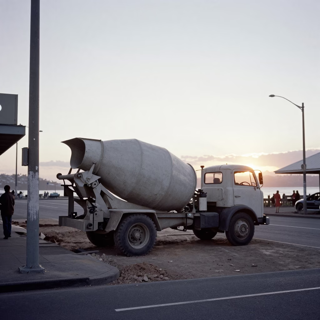 Vintage 1950s Wellington New Zealand Street Scene with Cement Mixer Construction and Potted Geraniums in in Wellington, New Zealand