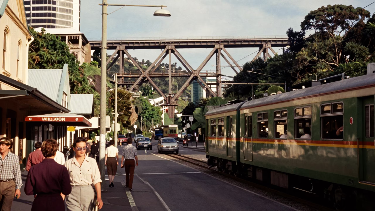 Vintage 1950s Wellington New Zealand Street Scene with Train Trestle and Local Life in in Wellington, New Zealand