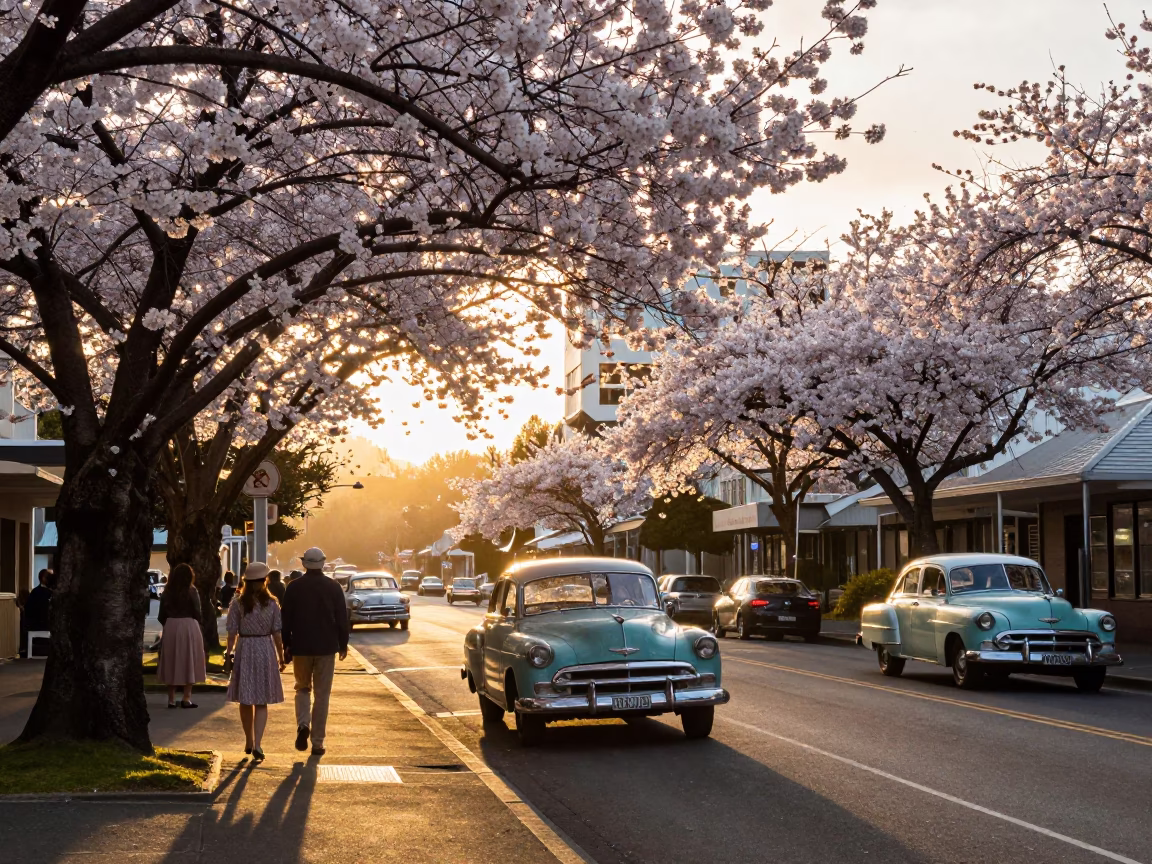 Vintage 1950s Wellington New Zealand Sunset Street Scene with Cherry Blossoms and Classic Cars in in Wellington, New Zealand