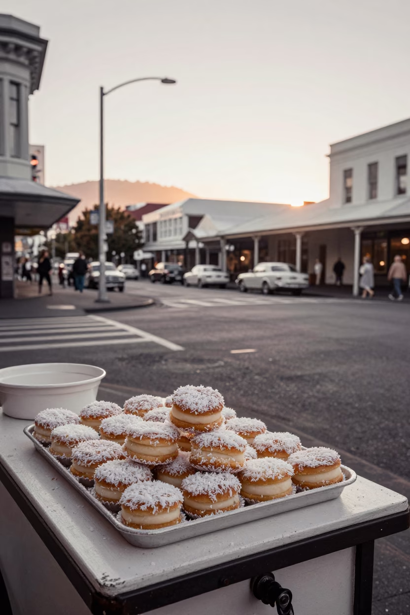Vintage 1950s Wellington Street Scene at Dawn with Lamingtons and Stone Architecture in in Wellington, New Zealand