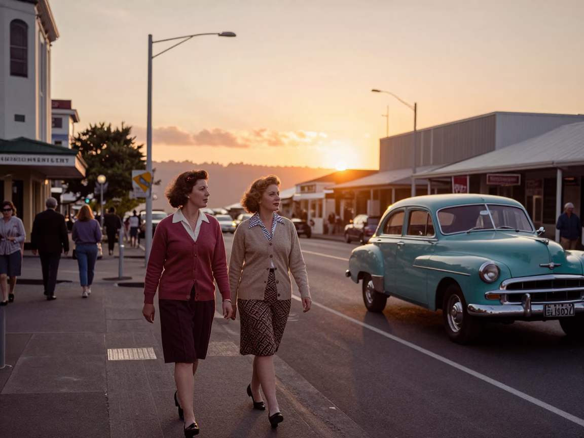Vintage 1950s Wellington Street Scene with Cardigans and Sunset Horizon in in Wellington, New Zealand