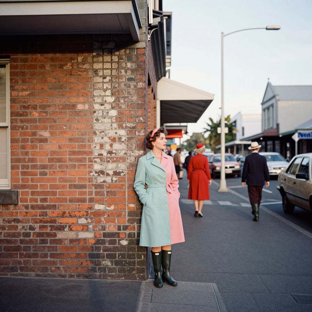 Vintage 1950s Wellington Street Scene with Colorful Fashion and Local Details in in Wellington, New Zealand
