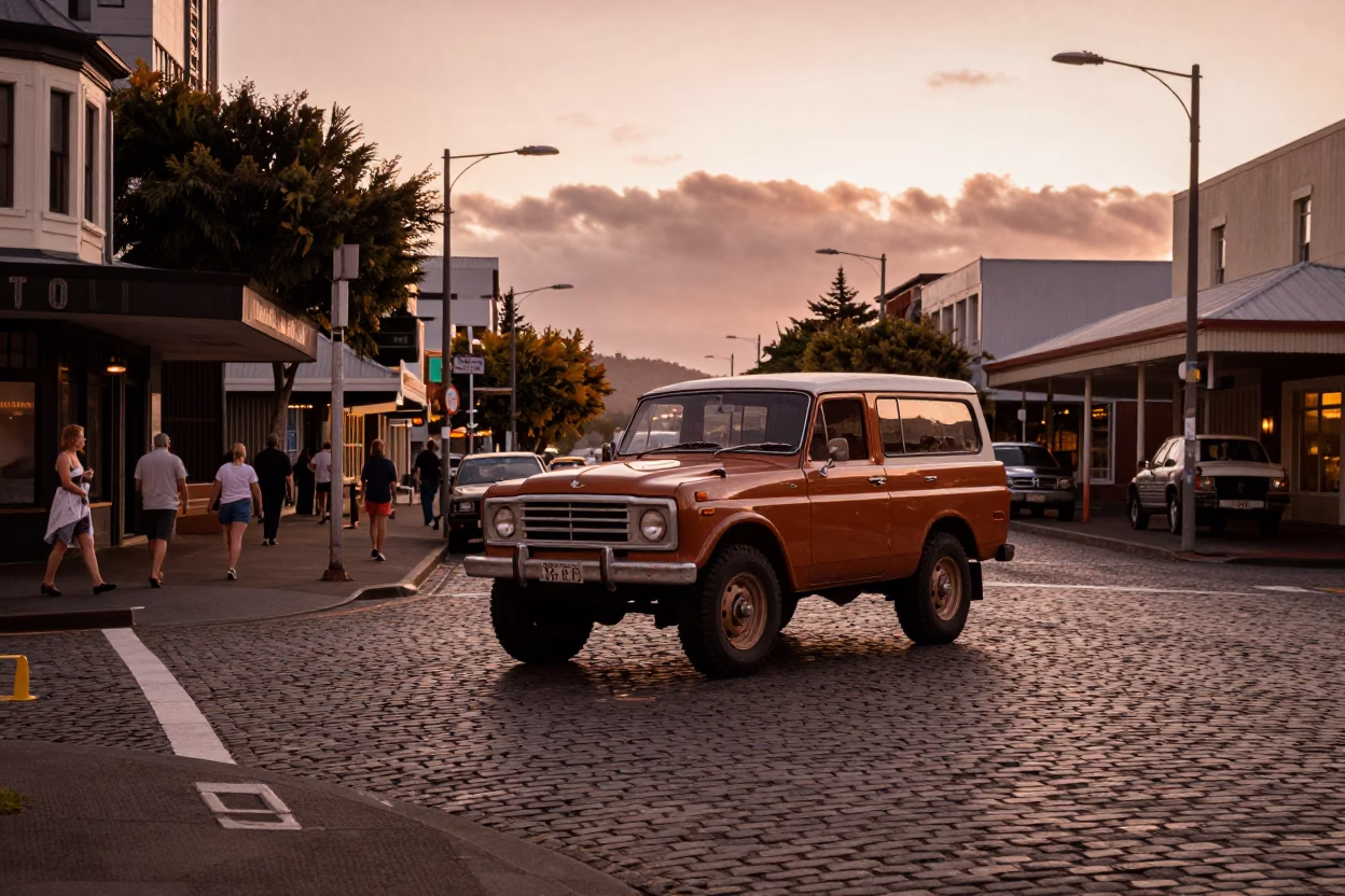 Vintage 1950s Wellington Street Scene with Copper Dusk Light and Local Details in in Wellington, New Zealand