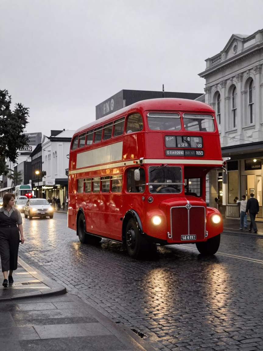 Vintage 1950s Wellington Street Scene with Red Double Decker Bus and City Lights Glow in in Wellington, New Zealand