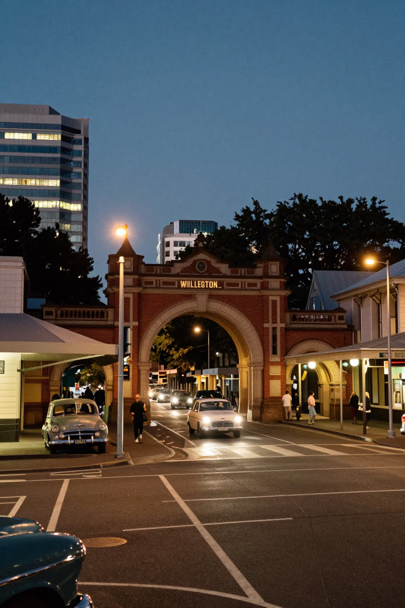 Vintage 1950s Wellington Street Scene with University Archway and Wet Bicycle Rack at Dusk in in Wellington, New Zealand