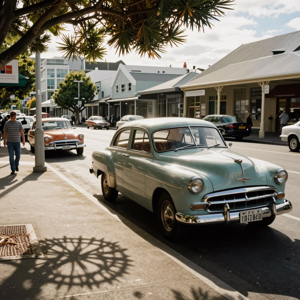 Vintage 1950s Wellington Street Scene with Wicker Shadow and Suitcases in in Wellington, New Zealand