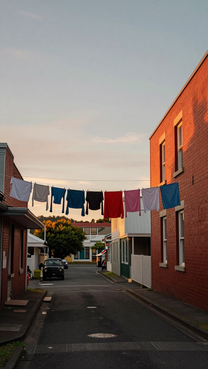 Vintage 1950s Wellington Sunset Clothesline with Colorful Laundry Against Red Brick Architecture in in Wellington, New Zealand