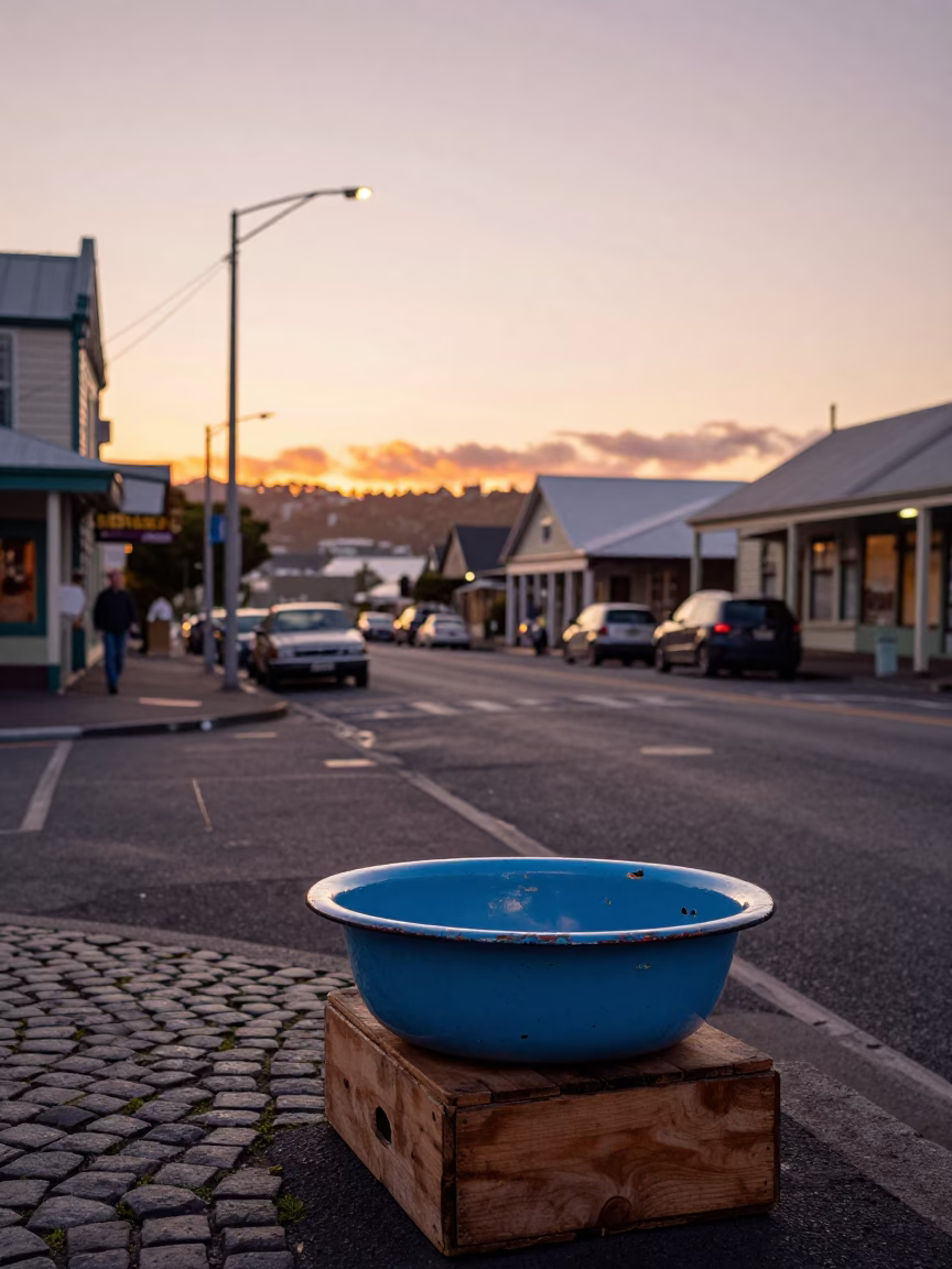 Vintage 1950s Wellington Sunset Street Scene with Chipped Blue Enamel Basin in in Wellington, New Zealand