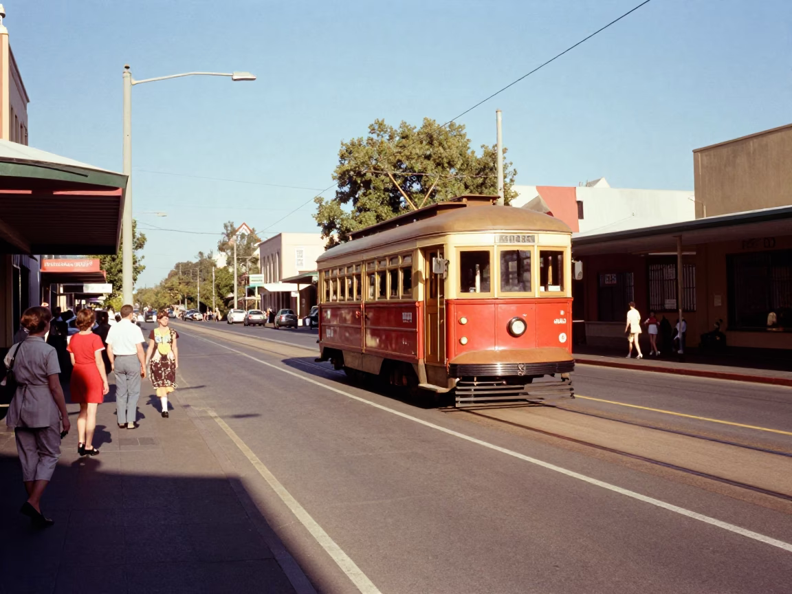 Vintage 1960s Adelaide South Australia Street Scene with Old Trolley on Tree-Lined Avenue in in Adelaide, South Australia, Australia