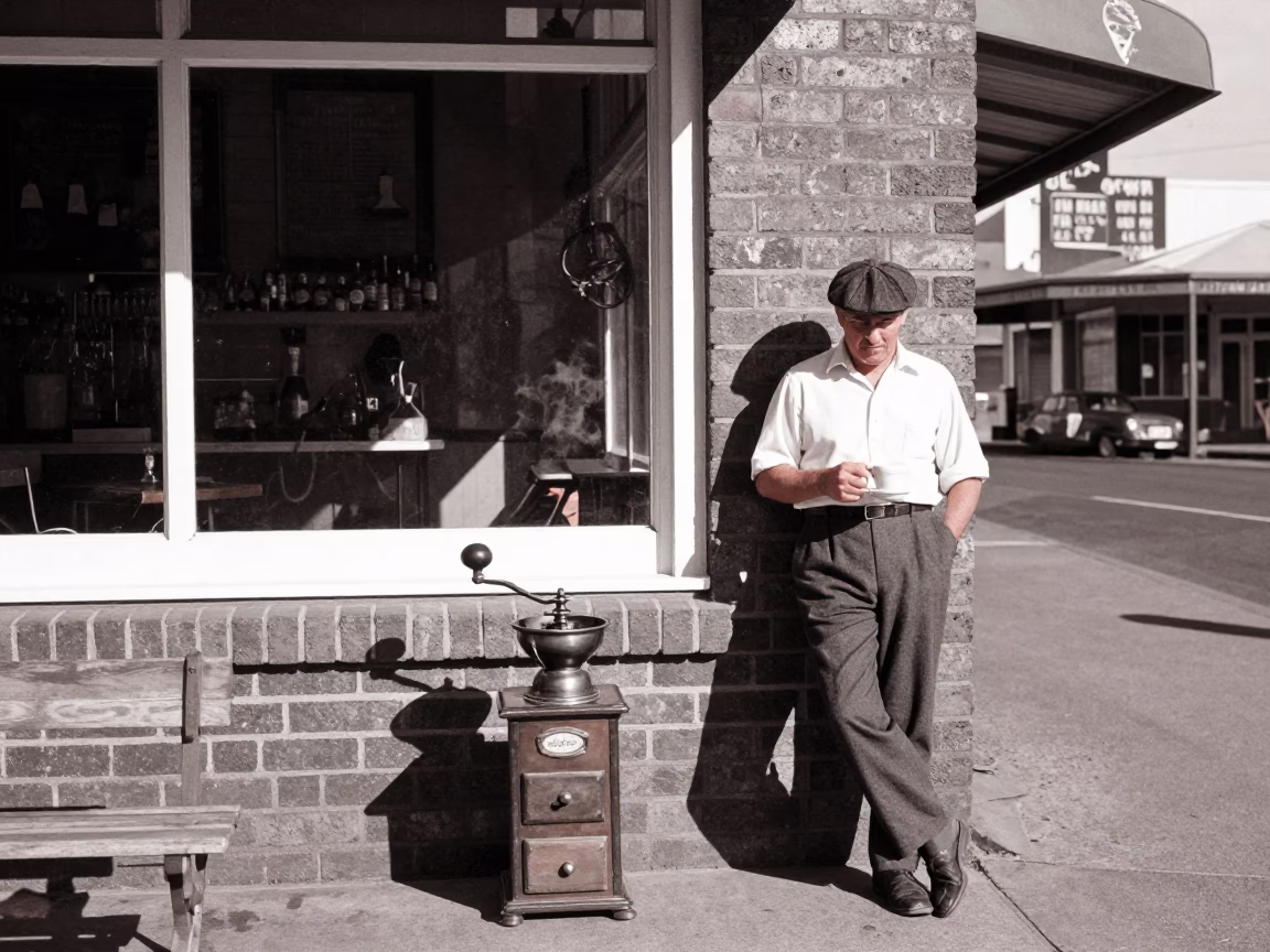 Vintage 1960s Adelaide Street Scene with Coffee Grinder and Signet Ring in in Adelaide, South Australia, Australia